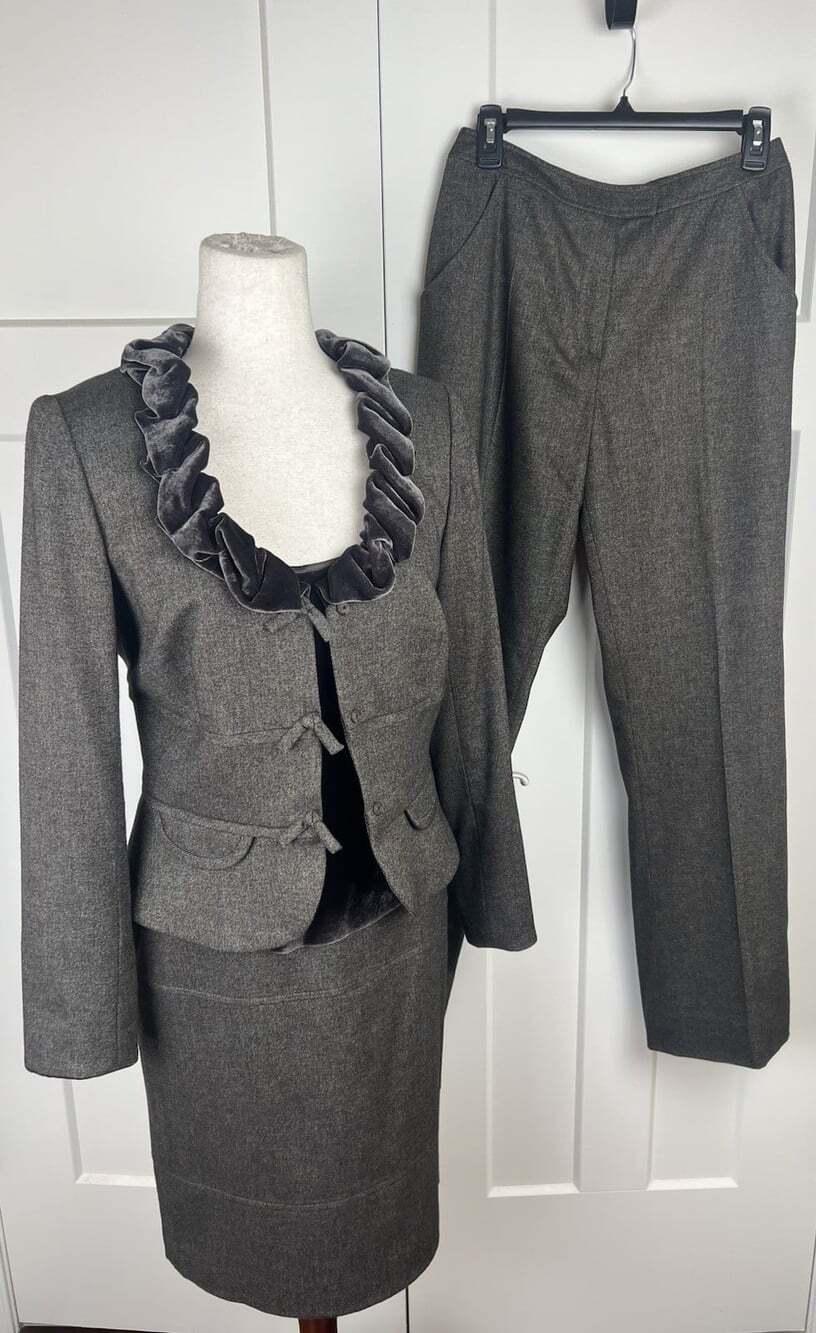 Sunny Choi Ruth Meyers 4 Pc Suit Set Sz 6 Brown Tweed Velvet Jacket Skirt Pants